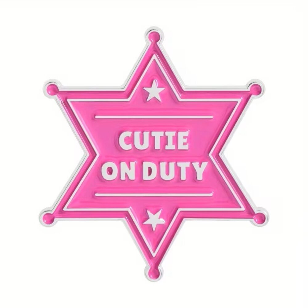 Enamel Pin Pink Sheriff Badge "Cutie On Duty" Flower Girl Gift Z118